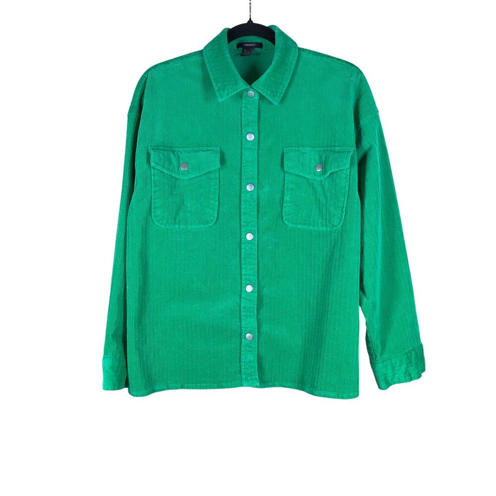 Forever 21 Shirt Women’s Size Small Green Striped Button Down Short Sleeve